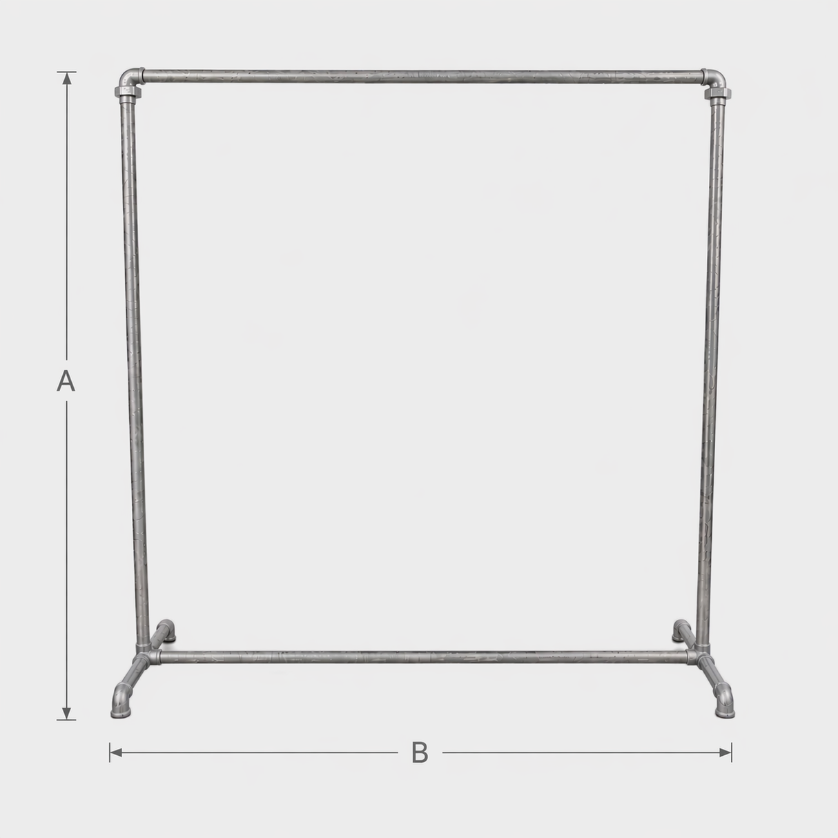 Esquema das dimensões do suporte para cabides industrial galvanizado: altura A, largura B, profundidade C