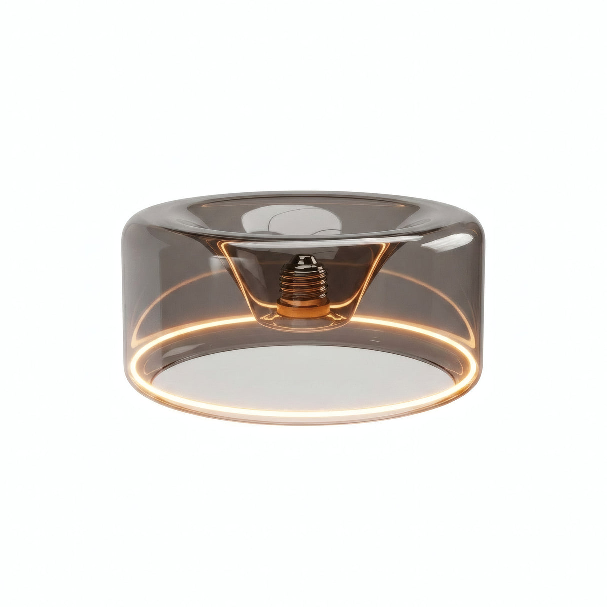 Lâmpada LED donut E27 em vidro fumado, Ø 195 mm, acesa, anel de luz quente, fundo branco