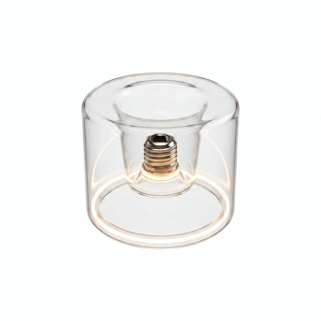 Lâmpada LED donut E27 em vidro transparente, Ø 120 mm, acesa, anel de luz quente, fundo branco