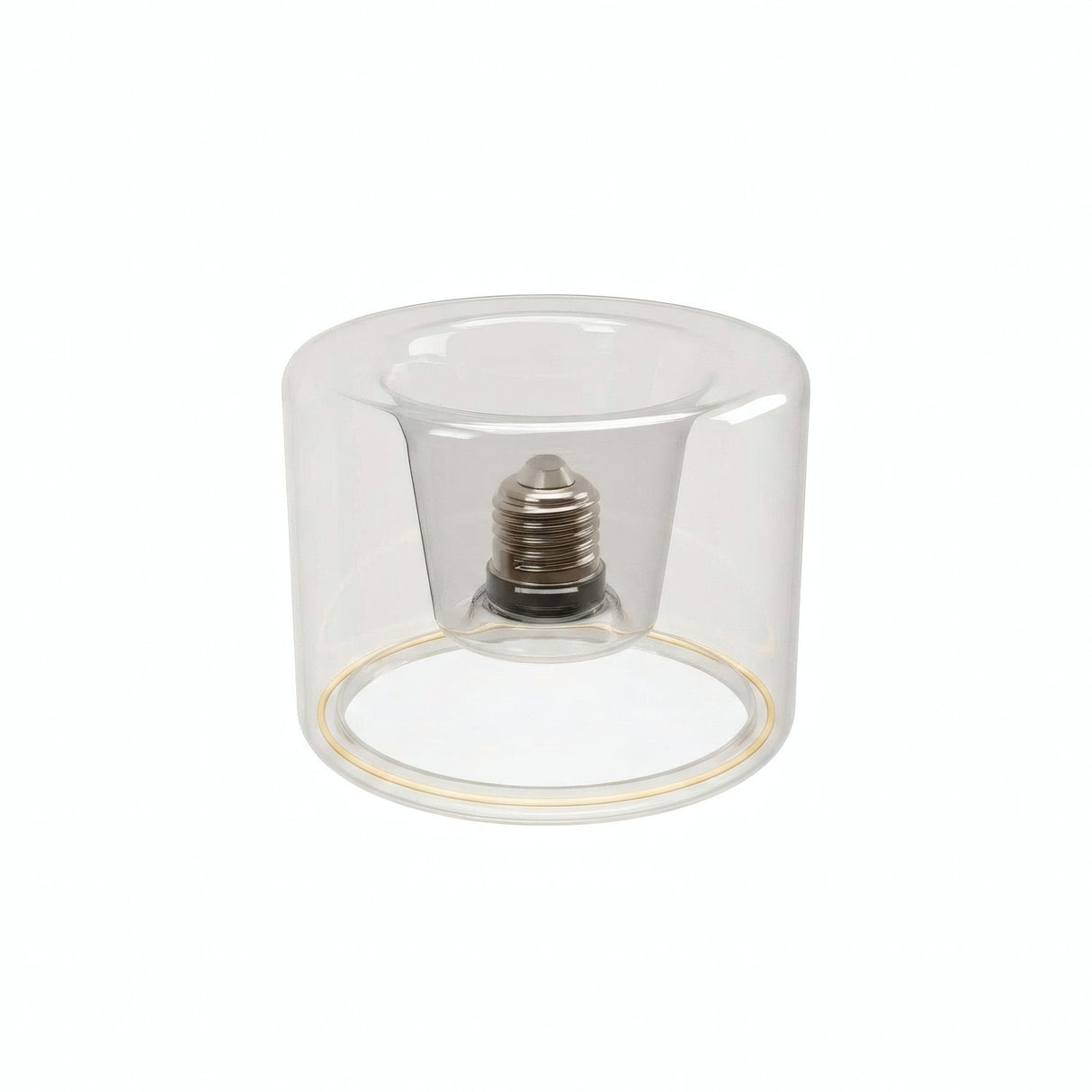 Lâmpada LED donut E27 em vidro transparente, Ø 120 mm, vista de três quartos, fundo branco