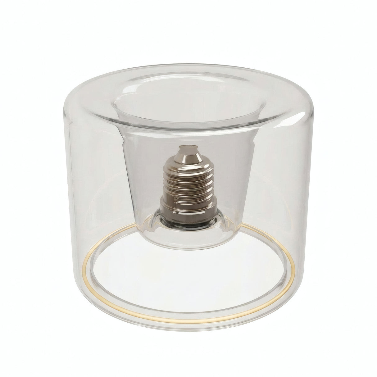 Lâmpada LED donut E27 em vidro transparente, Ø 120 mm, vista ligeiramente de cima, fundo branco