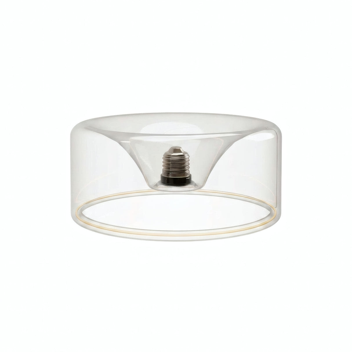 Lâmpada LED donut E27 em vidro transparente, Ø 195 mm, apagada, casquilho E27 embutido visível, fundo branco