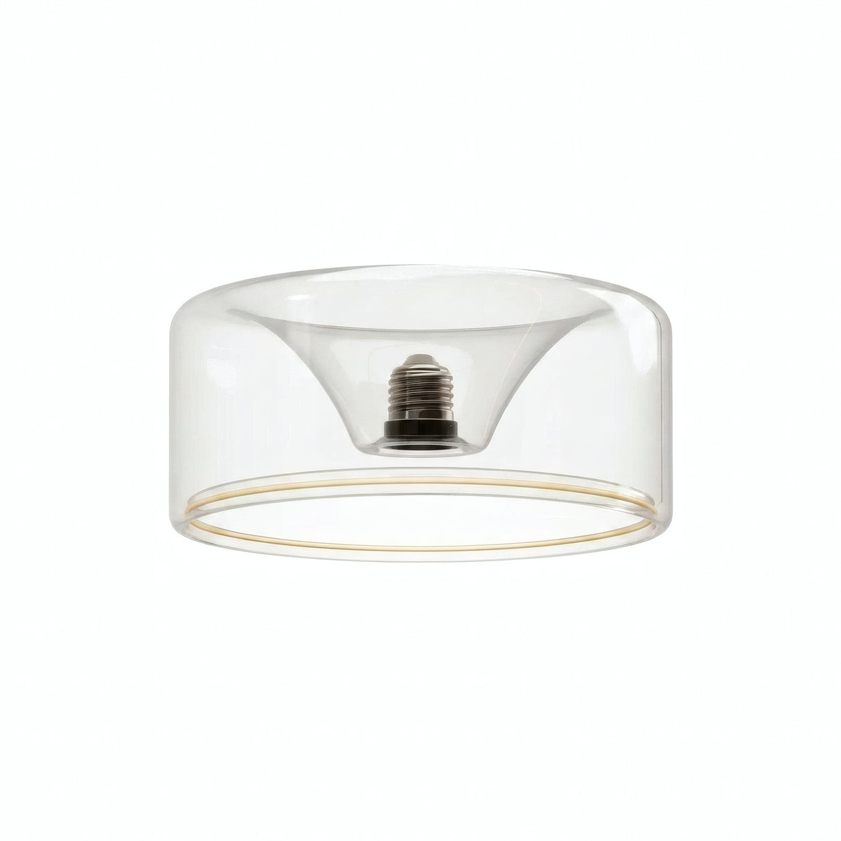 Lâmpada LED donut E27 em vidro transparente, Ø 195 mm, vista de três quartos, fundo branco