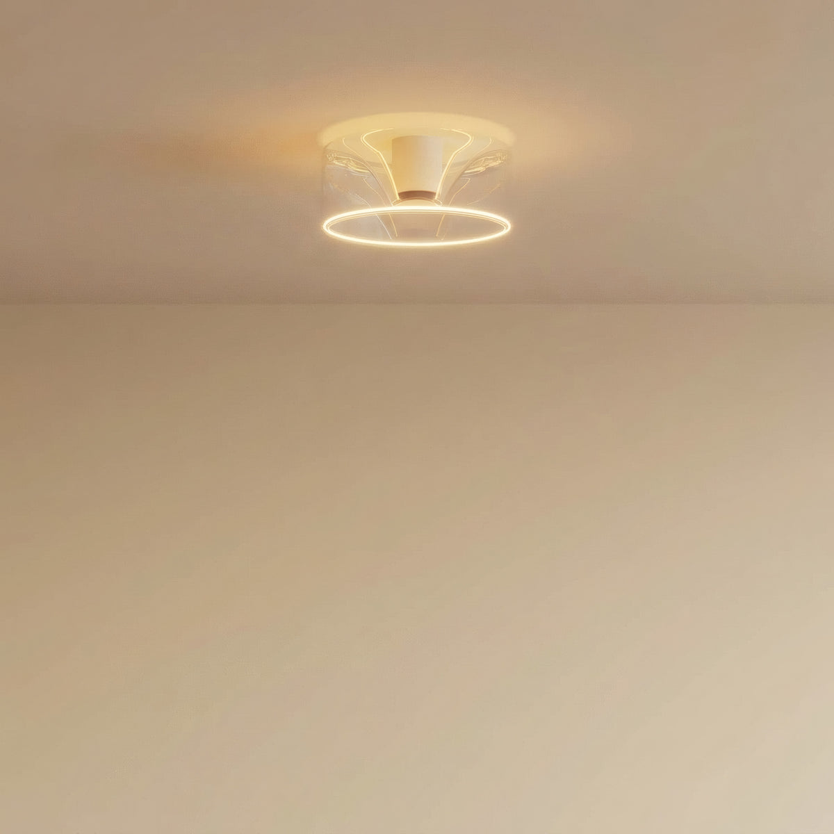 Lâmpada LED donut E27 em vidro transparente, Ø 195 mm, acesa no teto de um interior sóbrio