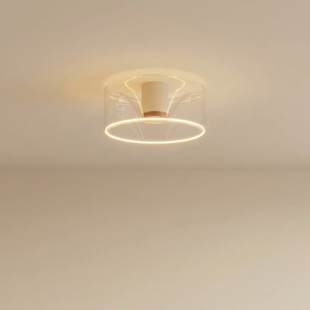 Lâmpada LED donut E27 em vidro transparente, Ø 195 mm, no teto, com luz quente difusa