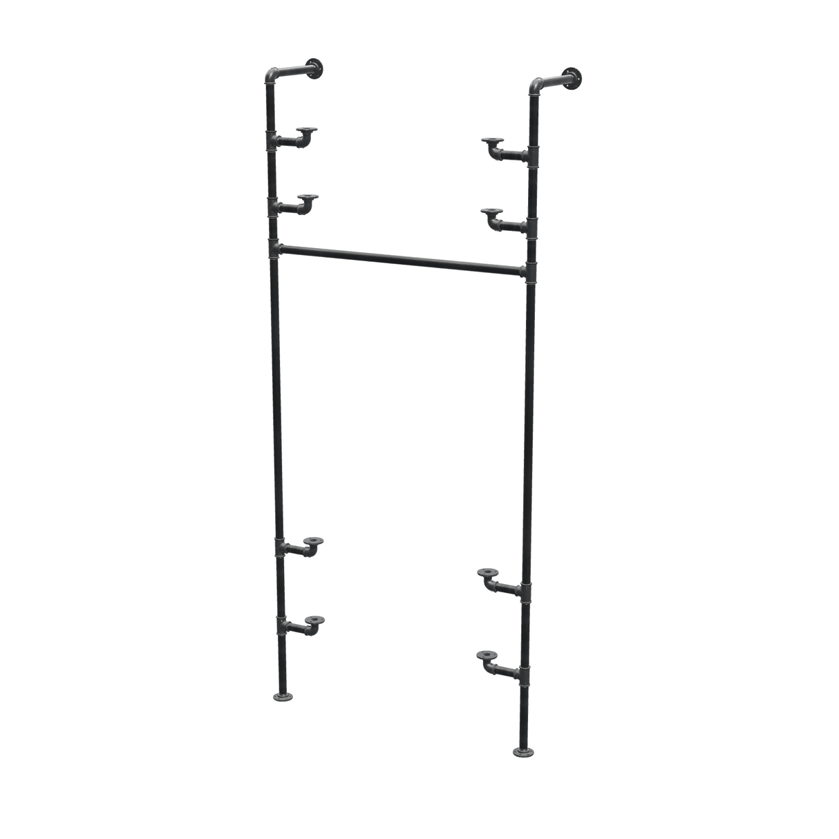 Étagère-penderie murale en tuyaux de plomberie noirs Ø 27 mm — largeur 90 cm, 4 tablettes, vue de trois quarts sur fond blanc