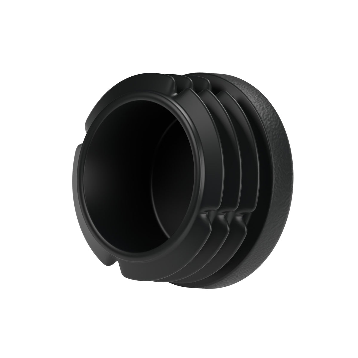 Tampão de plástico preto para acessório fêmea 3/4″ 20x27, vista de baixo: corpo oco e alhetas