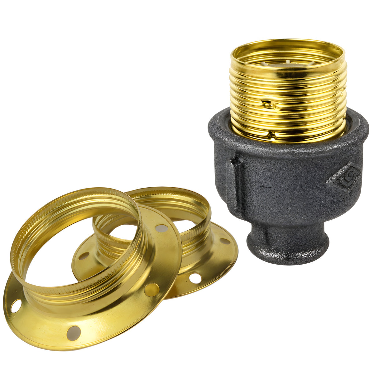 Kit de casquilho E27 em metal brilhante latão sobre acessório 1/2'' (15x21mm) fêmea em ferro fundido preto económico