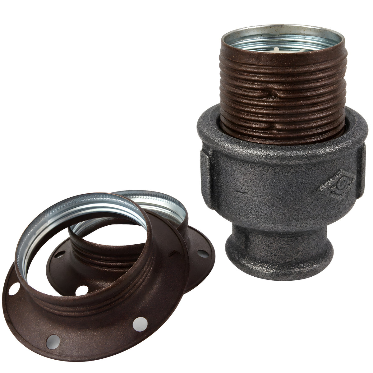 Kit de casquilho E27 em metal mate ferrugem sobre acessório fêmea em ferro fundido preto económico