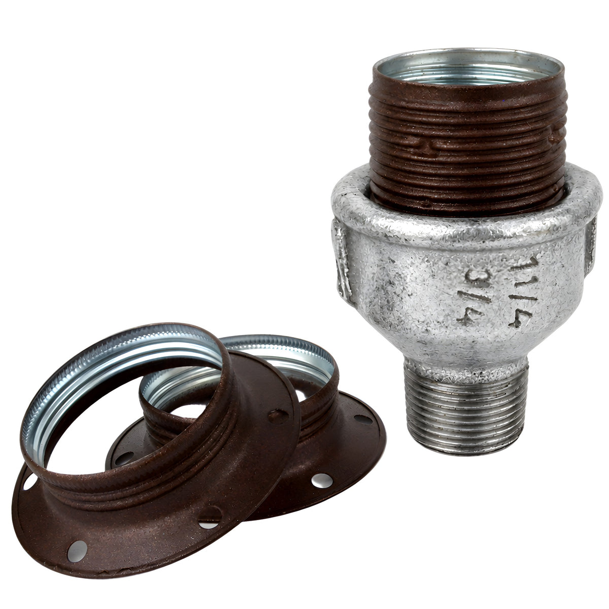 Kit de casquilho E27 em metal mate ferrugem sobre acessório macho em ferro fundido galvanizado