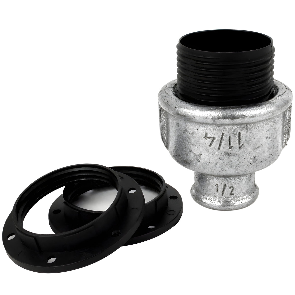 Kit de casquilho E27 em termoplástico sobre acessório 1/2'' (15x21mm) fêmea em ferro fundido galvanizado