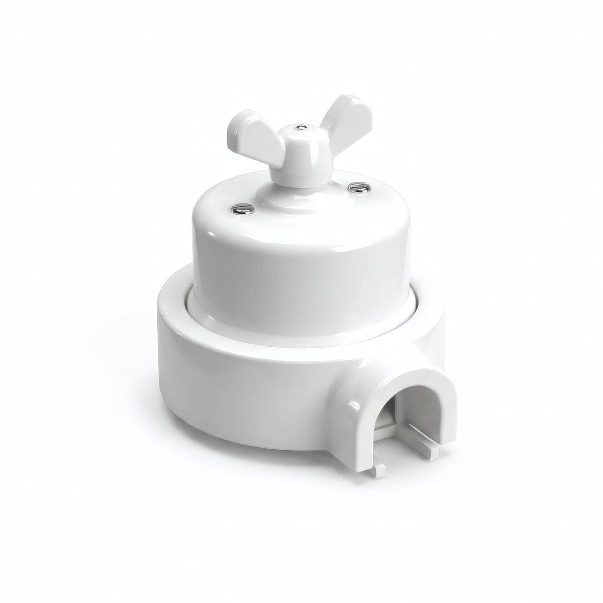 Comutador de escada em porcelana com porca borboleta e base — Branco / Branco / 1 saída