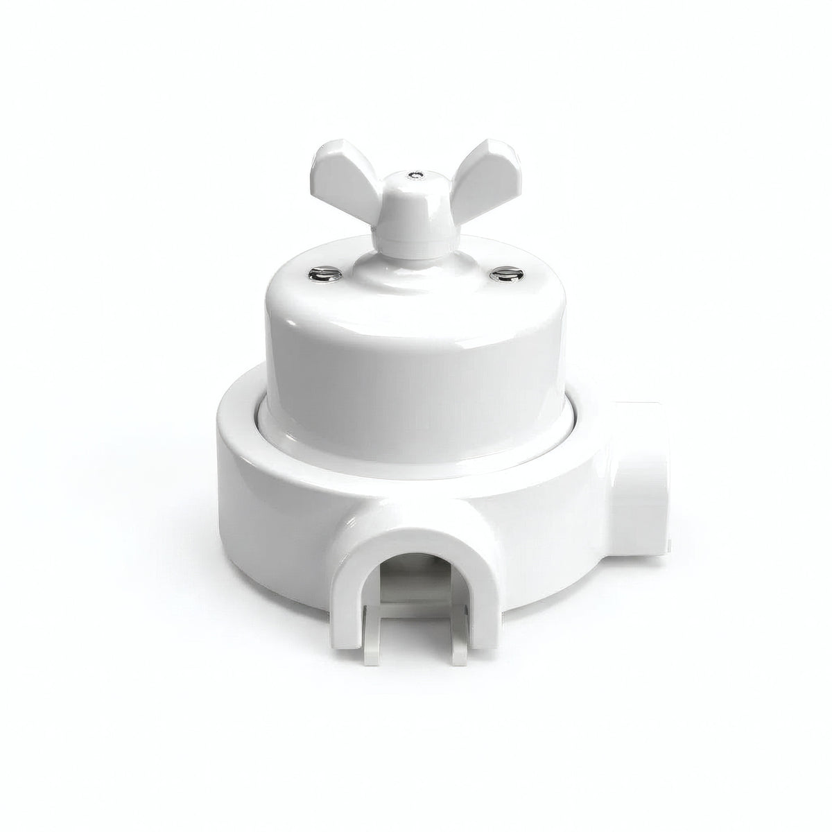 Comutador de escada em porcelana com porca borboleta e base — Branco / Branco / 2 saídas