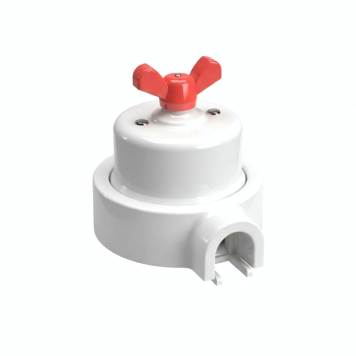 Comutador de escada em porcelana com porca borboleta e base — Branco / Vermelho / 1 saída