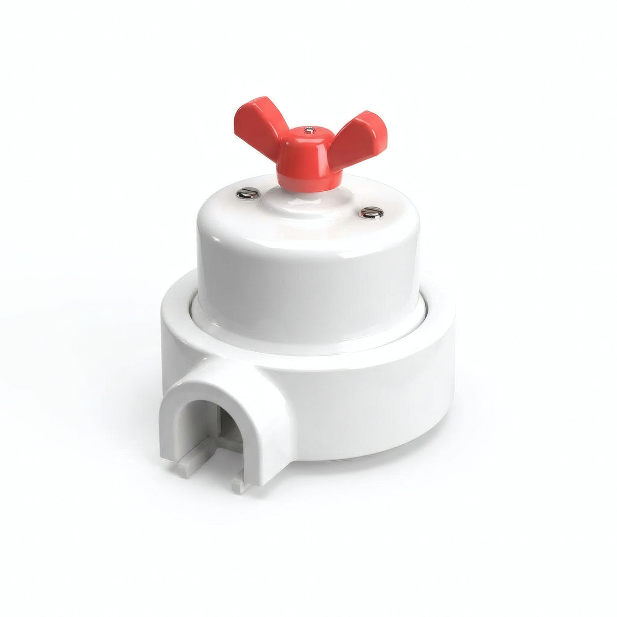 Comutador de escada em porcelana com porca borboleta e base — Branco / Vermelho / 1 saída