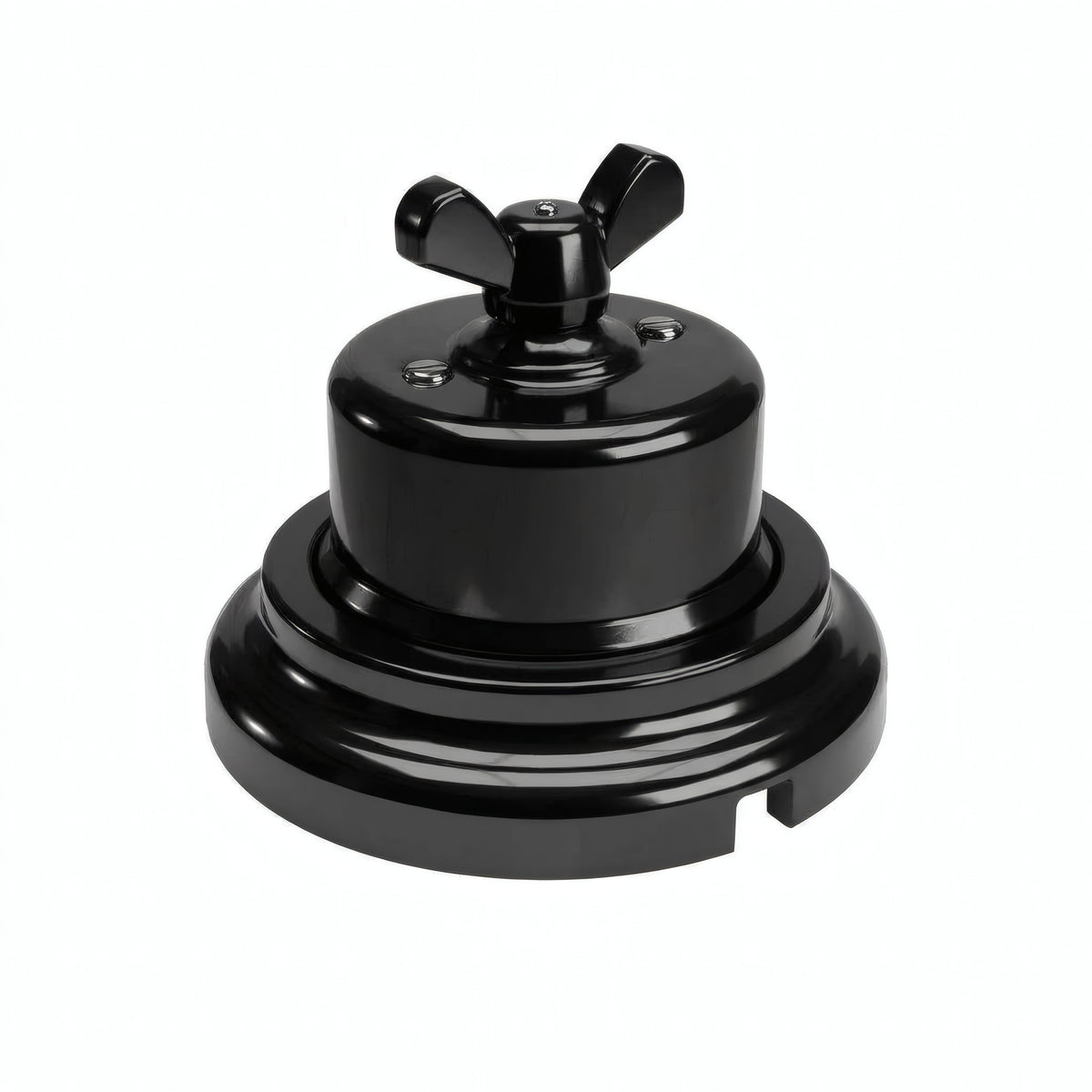Comutador de escada em porcelana com porca borboleta e base — Preto / Preto / Plana Ø 100 mm