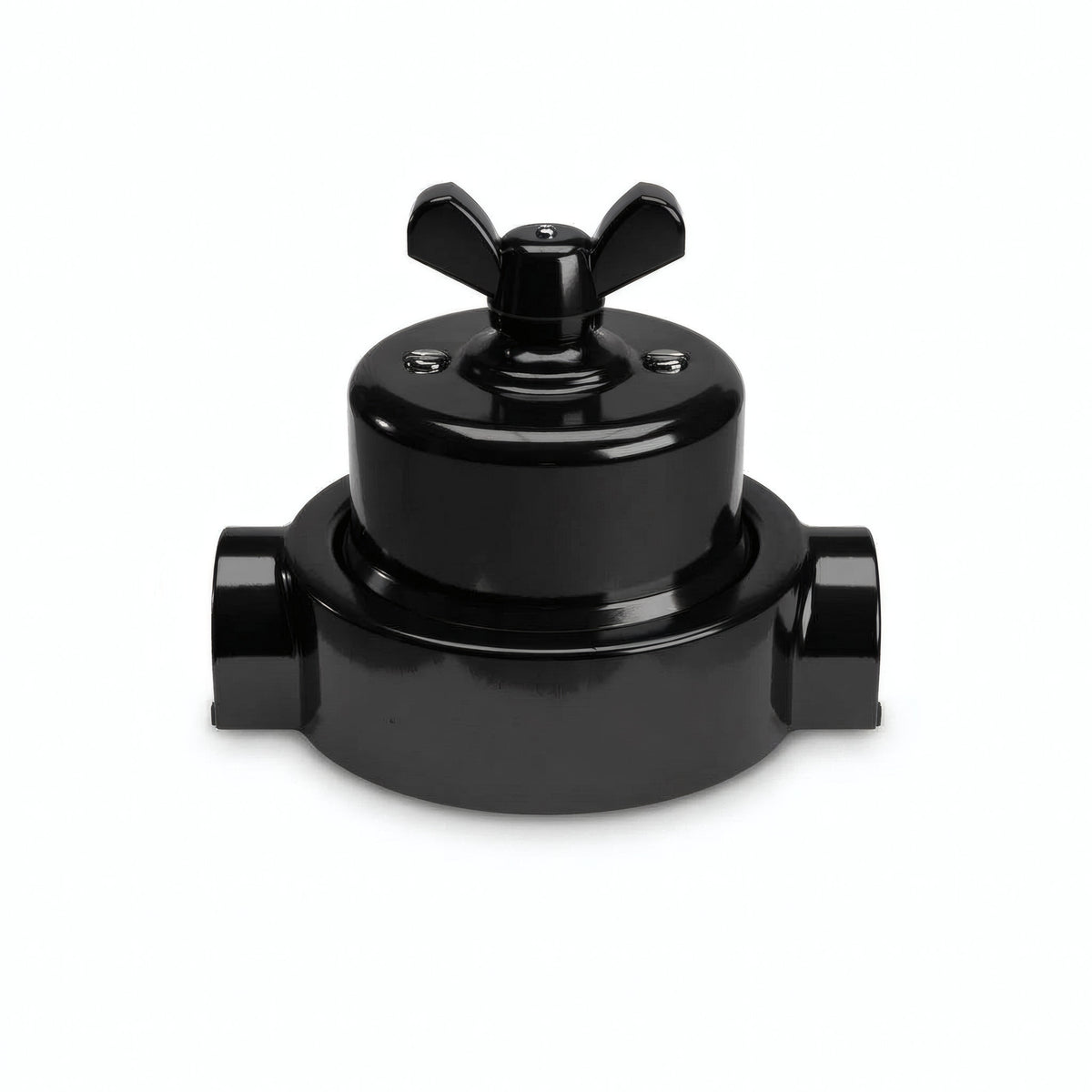 Comutador de escada em porcelana com porca borboleta e base — Preto / Preto / 2 saídas em linha