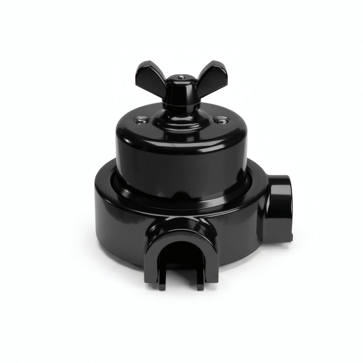 Comutador de escada em porcelana com porca borboleta e base — Preto / Preto / 2 saídas