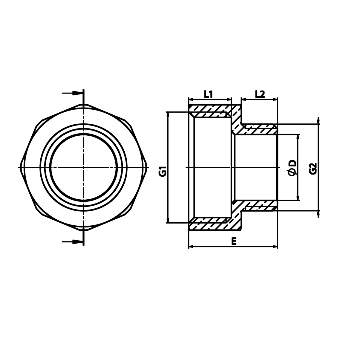 Desenho técnico cotado: niple redutor F/M em latão (ref. 1246)