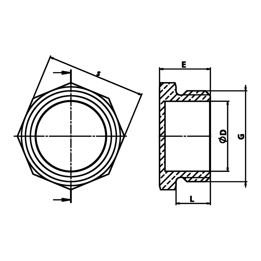 Desenho técnico cotado: bujão macho em latão (ref. 1291)