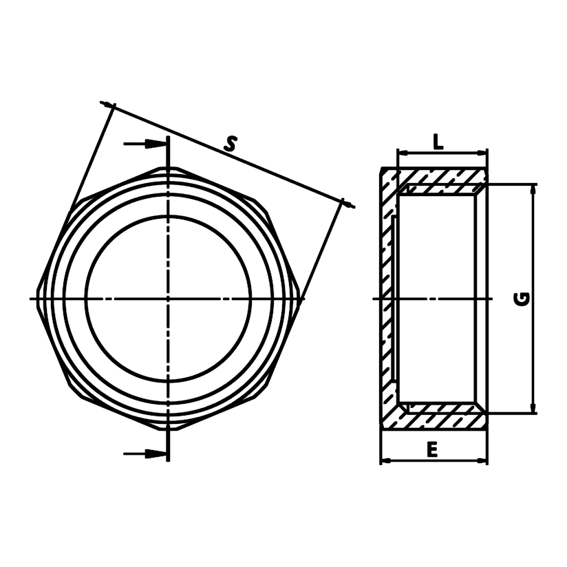Desenho técnico cotado: tampão fêmea em latão (ref. 1300)