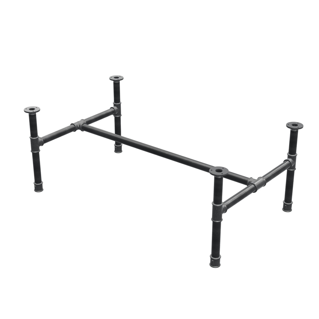 Base de mesa de centro, estrutura em H, ferro fundido e aço Ø 34 mm, 112 × 66 cm, altura 42 cm
