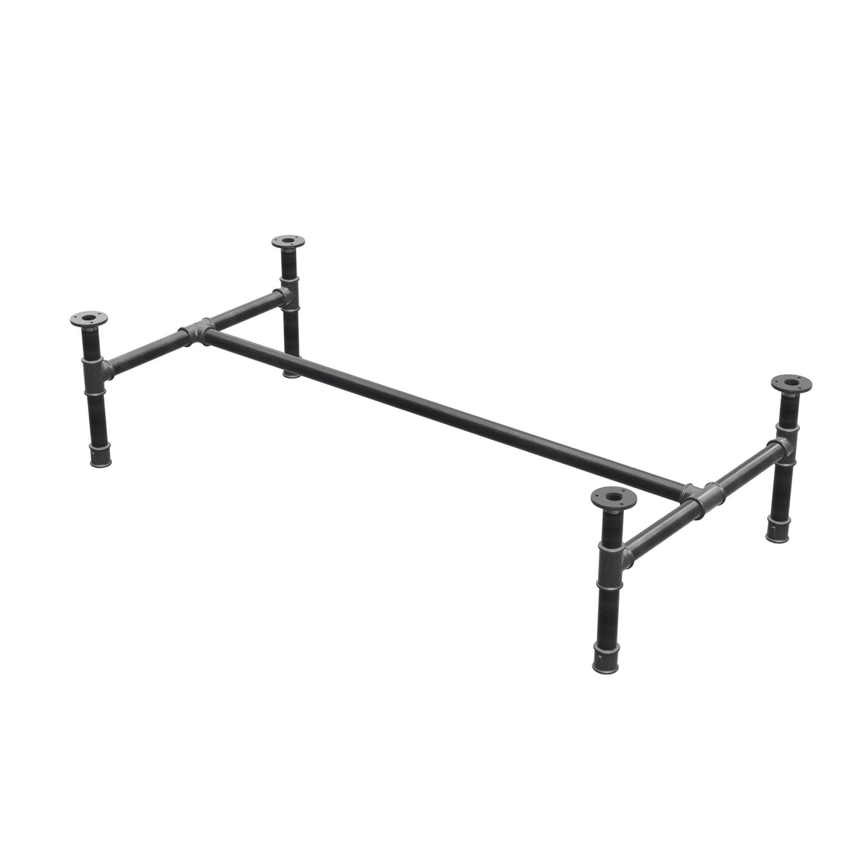 Base de mesa de centro, estrutura em H, ferro fundido e aço Ø 34 mm, 132 × 66 cm, altura 32 cm