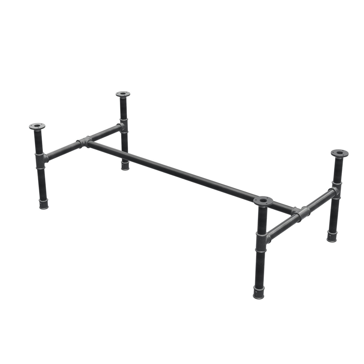 Base de mesa de centro, estrutura em H, ferro fundido e aço Ø 34 mm, 132 × 66 cm, altura 42 cm