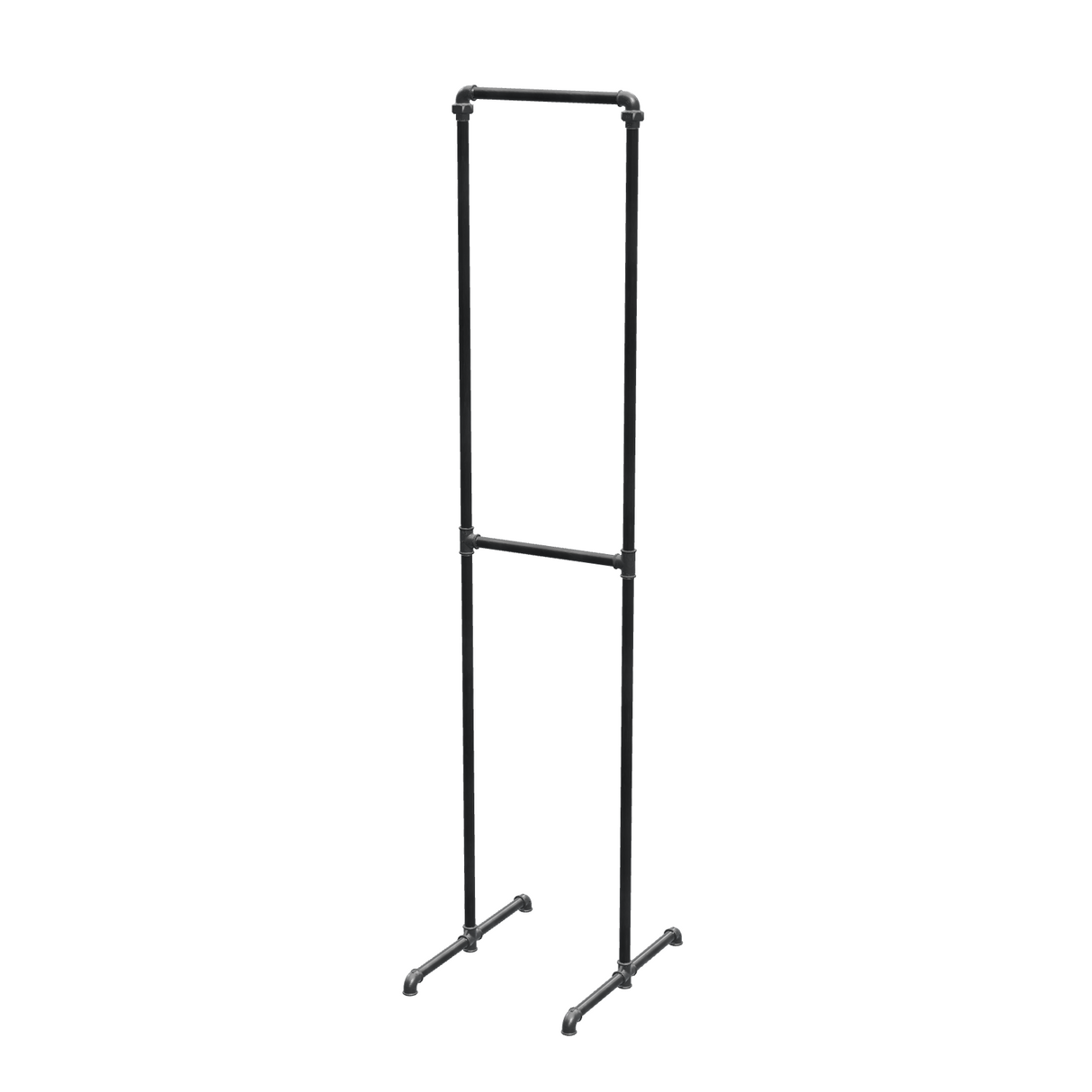 Portant à vêtements autoportant double niveau en tuyaux de plomberie noirs Ø 27 mm — largeur 40 cm, hauteur 216 cm, vue de trois quarts sur fond blanc