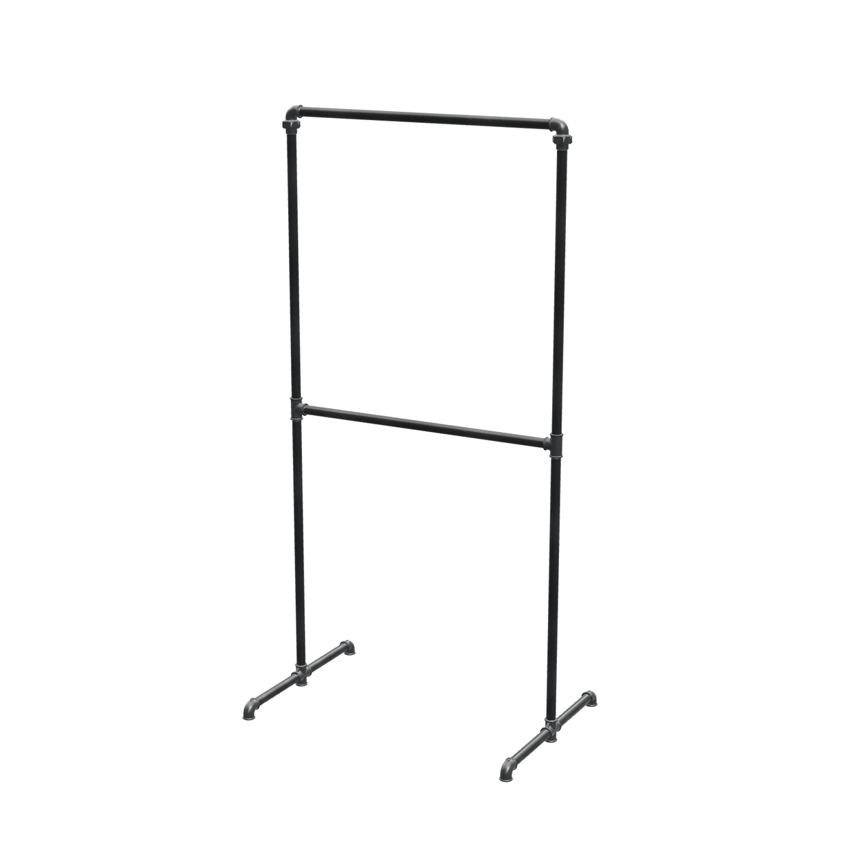 Portant à vêtements autoportant double niveau en tuyaux de plomberie noirs Ø 27 mm — largeur 80 cm, hauteur 176 cm, vue de trois quarts sur fond blanc