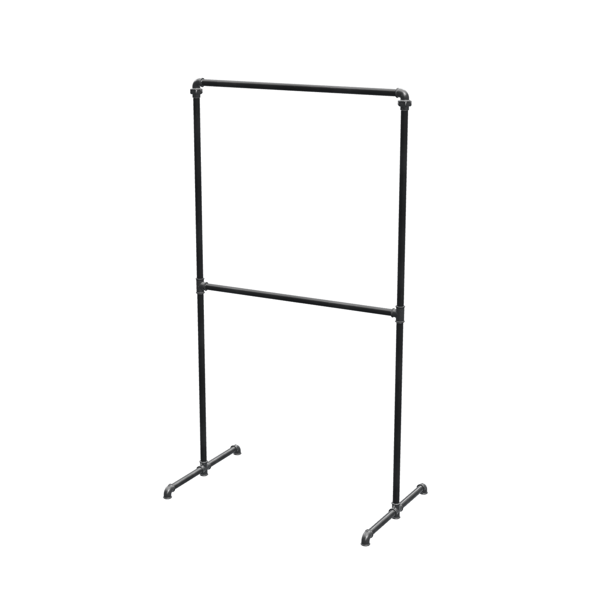 Portant à vêtements autoportant double niveau en tuyaux de plomberie noirs Ø 27 mm — largeur 90 cm, hauteur 176 cm, vue de trois quarts sur fond blanc