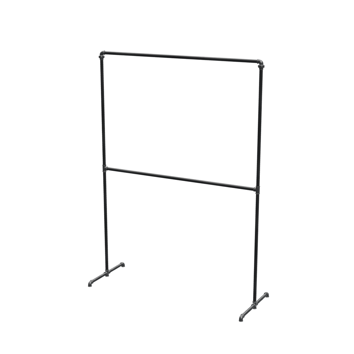 Portant à vêtements autoportant double niveau en tuyaux de plomberie noirs Ø 27 mm — largeur 150 cm, hauteur 216 cm, vue de trois quarts sur fond blanc