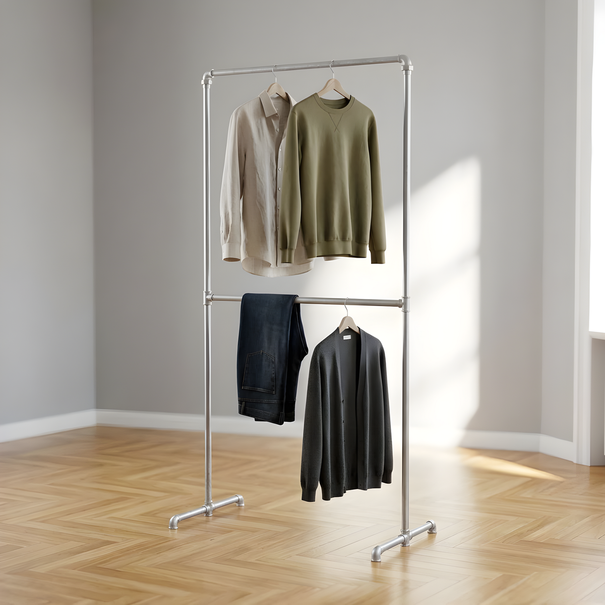 Portant à vêtements autoportant galvanisé, chemises sur la barre haute et pantalons sur la barre basse, murs clairs et parquet
