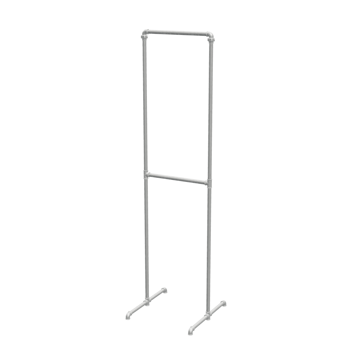 Portant à vêtements autoportant double niveau en tuyaux de plomberie galvanisés Ø 27 mm — largeur 58 cm, hauteur 216 cm, vue de trois quarts sur fond blanc