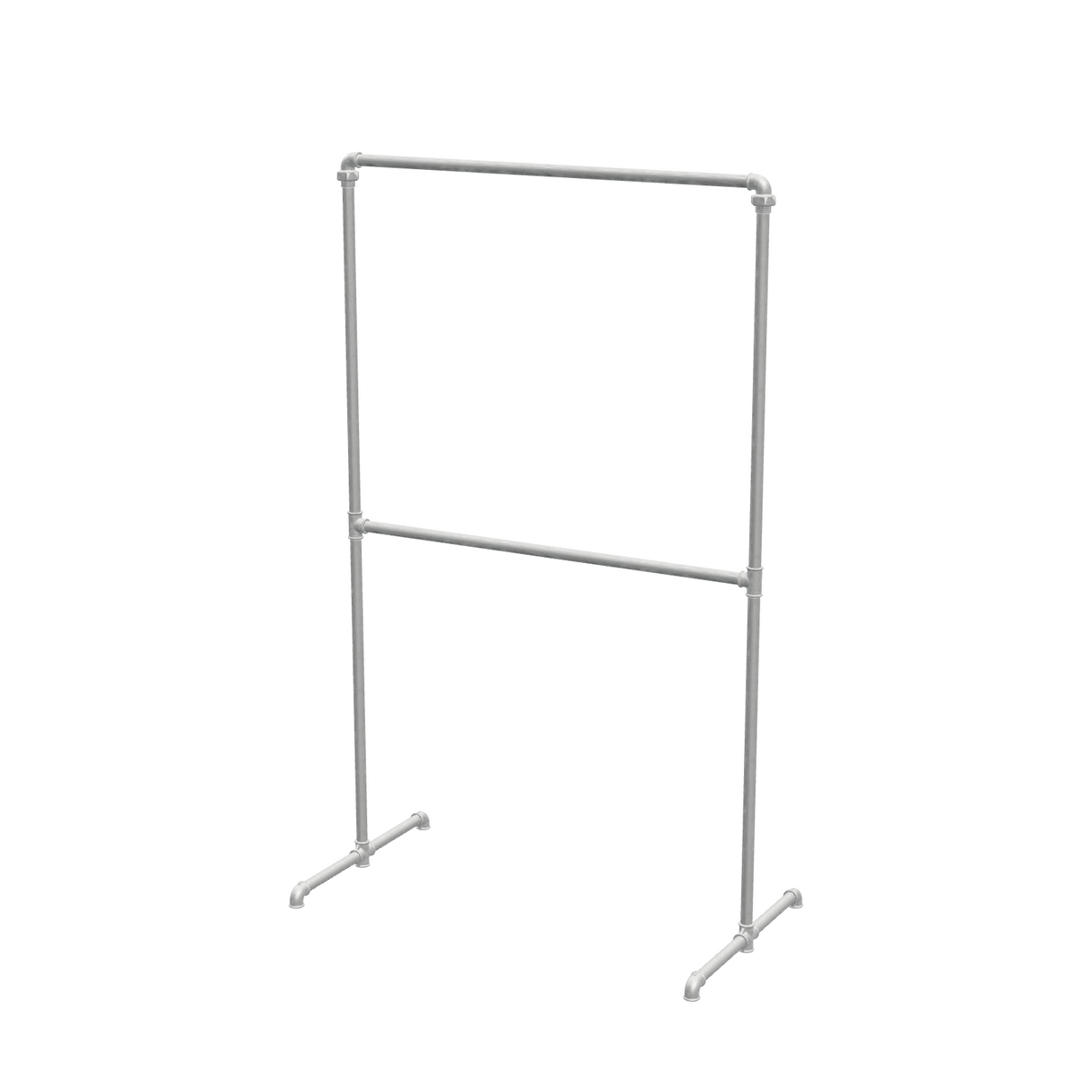 Portant à vêtements autoportant double niveau en tuyaux de plomberie galvanisés Ø 27 mm — largeur 108 cm, hauteur 176 cm, vue de trois quarts sur fond blanc