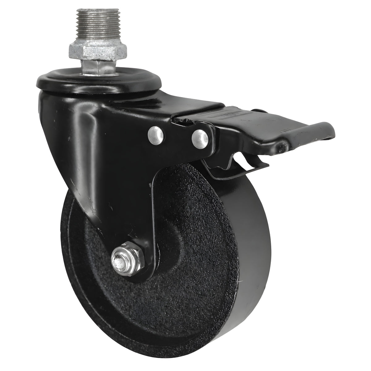 Rodízio giratório industrial preto com travão e roda em ferro fundido de 100 mm, 1/2'' (15x21mm) macho, acessório em ferro fundido galvanizado