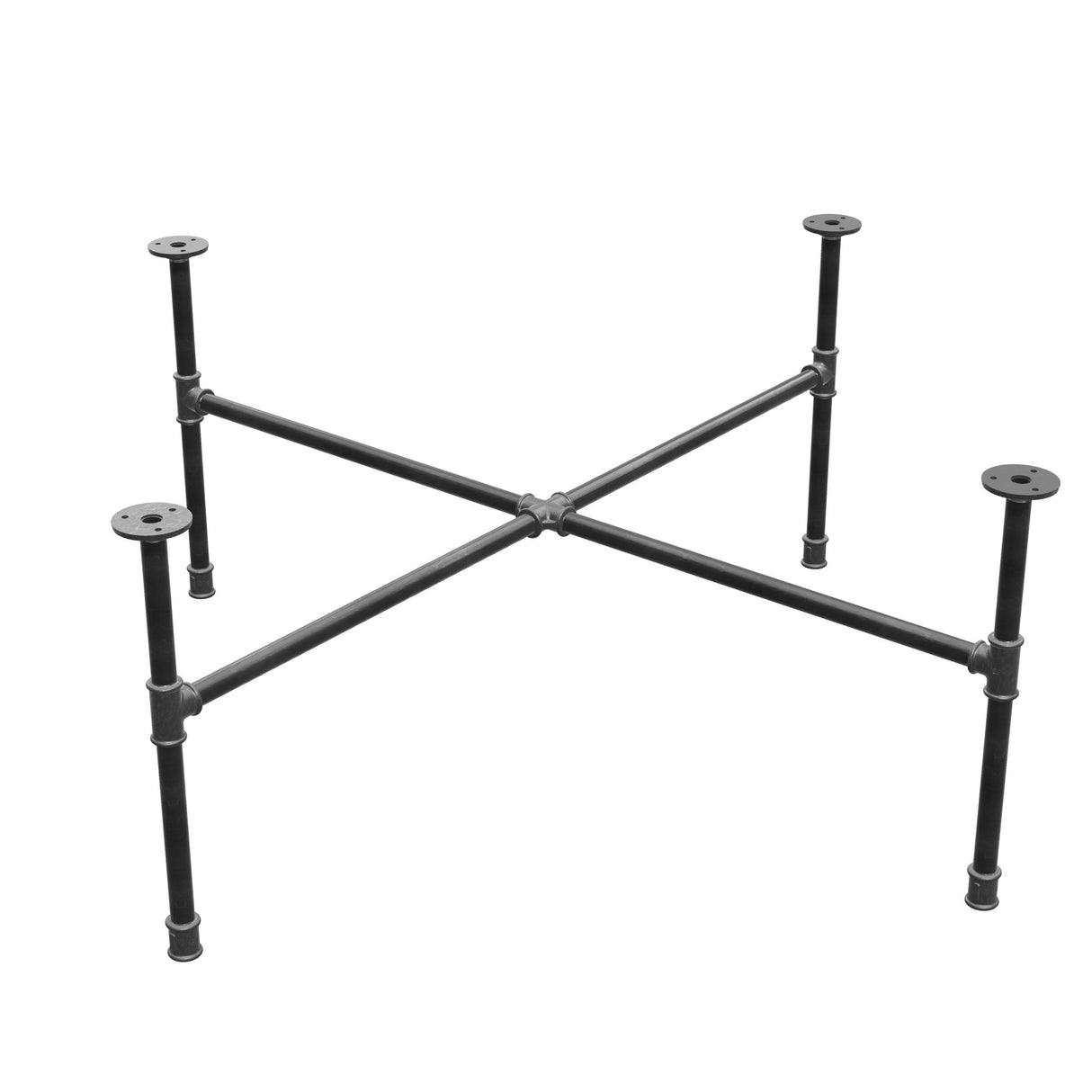Base de mesa de centro industrial em ferro fundido, pés em cruz, 108 × 108 cm, altura 42 cm, vista de três quartos