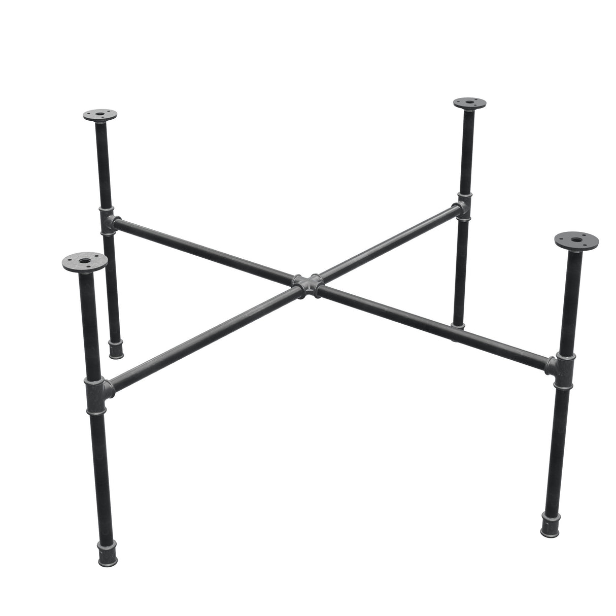 Base de mesa de centro industrial em ferro fundido, pés em cruz, 108 × 108 cm, altura 52 cm, vista de três quartos