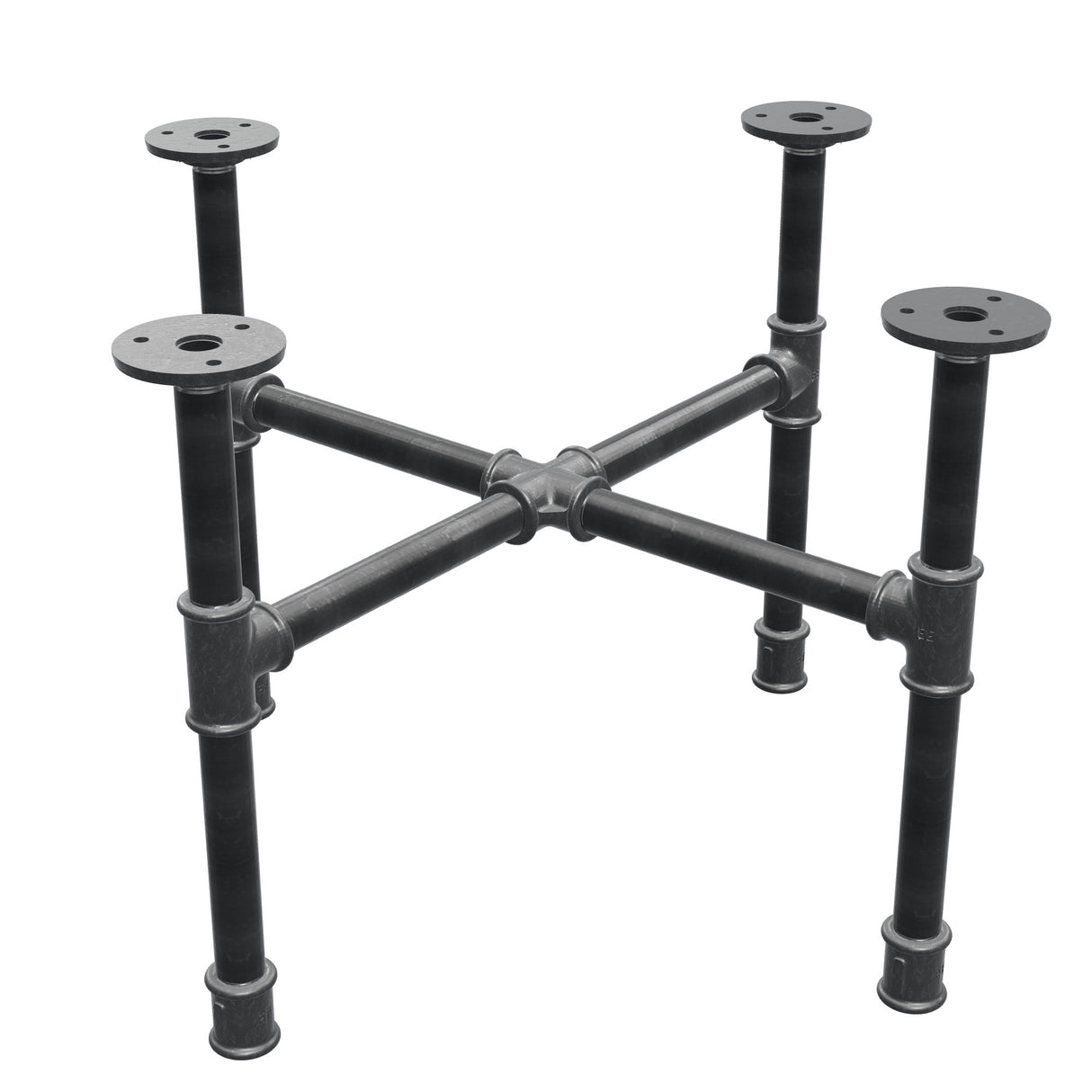 Base de mesa de centro industrial em ferro fundido, pés em cruz, 48 × 48 cm, altura 32 cm, vista de três quartos