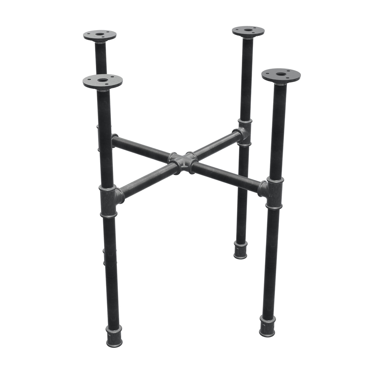 Base de mesa de centro industrial em ferro fundido, pés em cruz, 48 × 48 cm, altura 52 cm, vista de três quartos