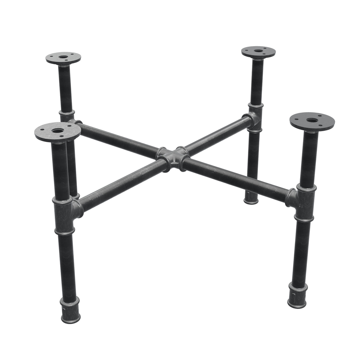 Base de mesa de centro industrial em ferro fundido, pés em cruz, 58 × 58 cm, altura 32 cm, vista de três quartos