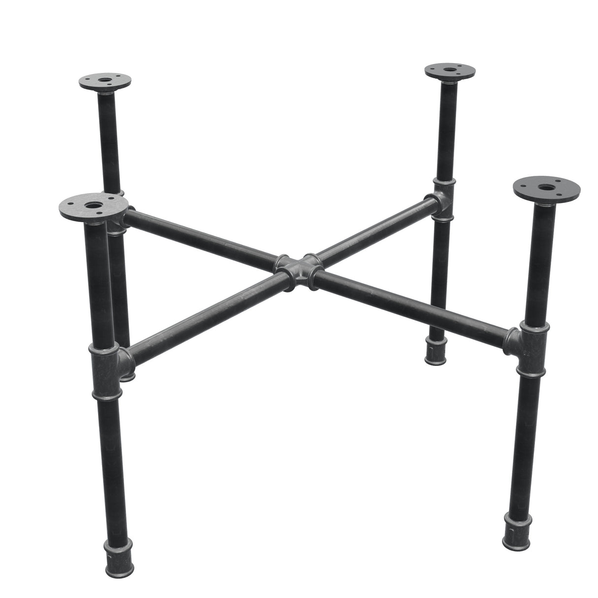 Base de mesa de centro industrial em ferro fundido, pés em cruz, 68 × 68 cm, altura 42 cm, vista de três quartos