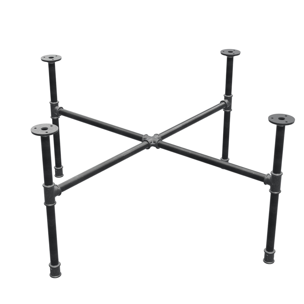 Base de mesa de centro industrial em ferro fundido, pés em cruz, 88 × 88 cm, altura 42 cm, vista de três quartos