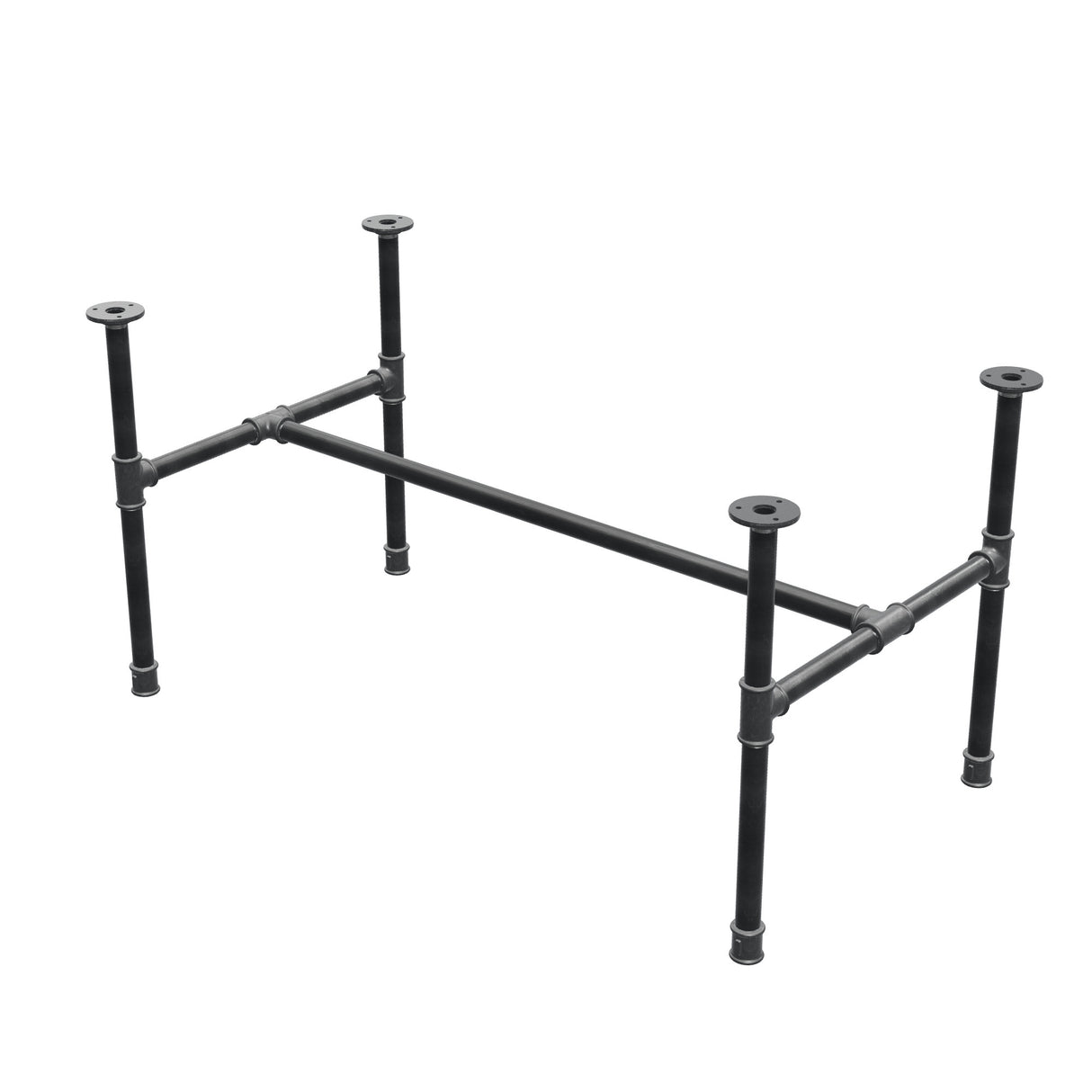 Base de mesa de centro industrial em ferro fundido, em H, 101 × 55 cm, altura 52 cm, vista de três quartos