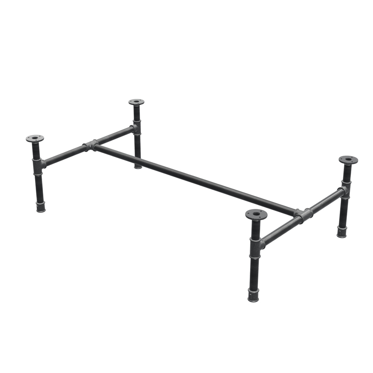 Base de mesa de centro industrial em ferro fundido, em H, 111 × 65 cm, altura 32 cm, vista de três quartos