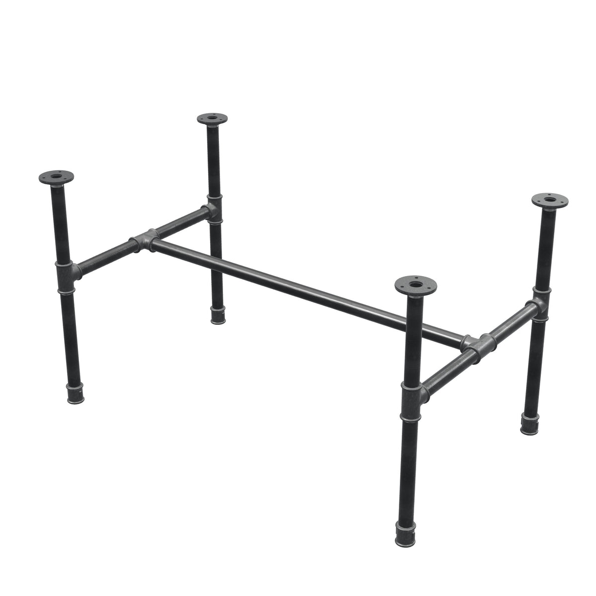 Base de mesa de centro industrial em ferro fundido, em H, 91 × 55 cm, altura 52 cm, vista de três quartos