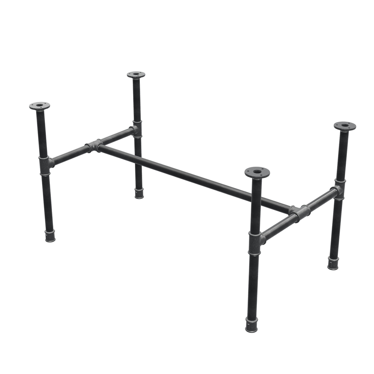 Base de mesa de centro industrial em ferro fundido, em H, 96 × 55 cm, altura 52 cm, vista de três quartos