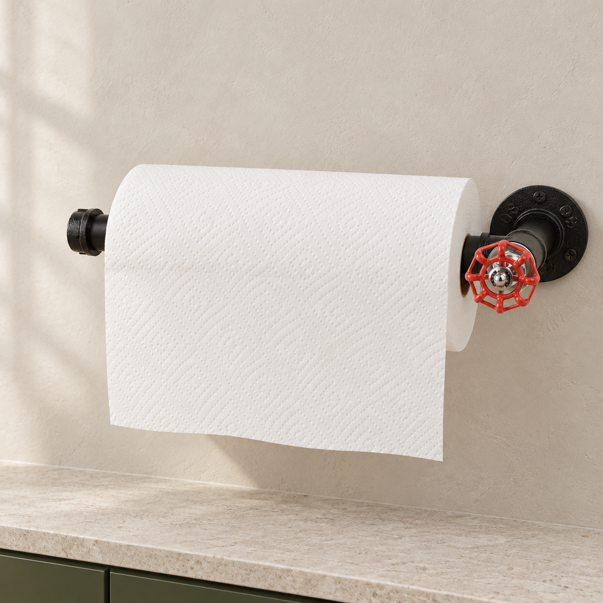 Porta-rolos de cozinha preto com volante vermelho — fixo à parede com um rolo
