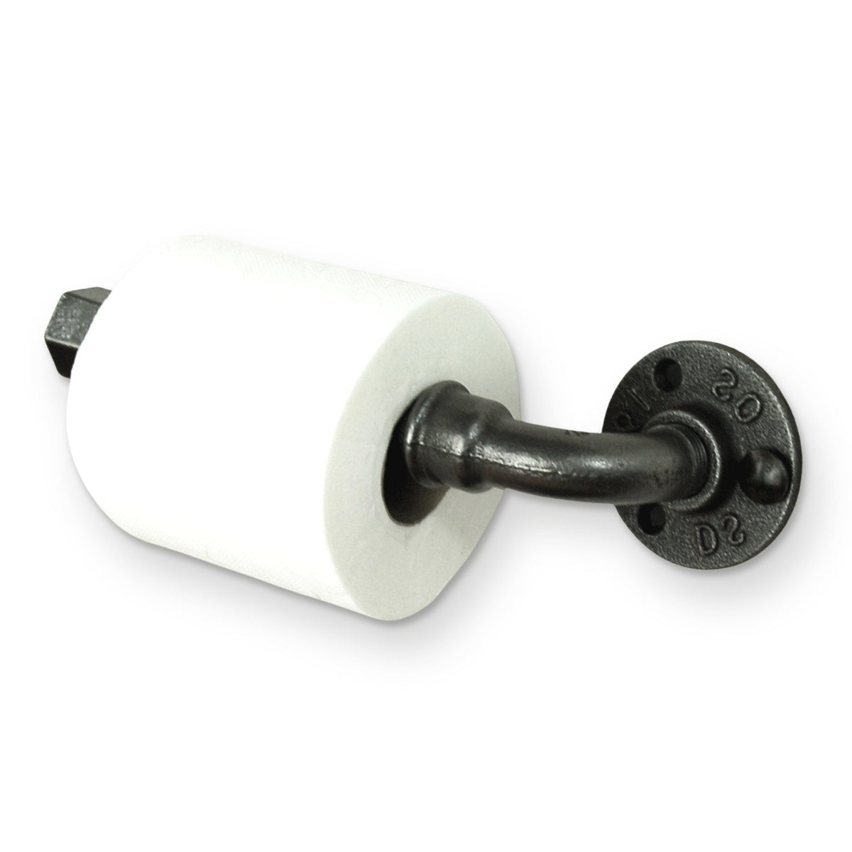 Suporte de papel higiénico feito com acessórios de canalização, vista de três quartos pela direita, com rolo