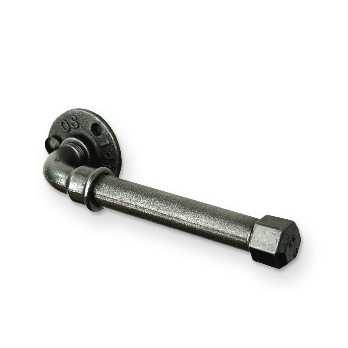 Pormenor do suporte em ferro fundido preto: flange de 3 furos, cotovelo e tampão